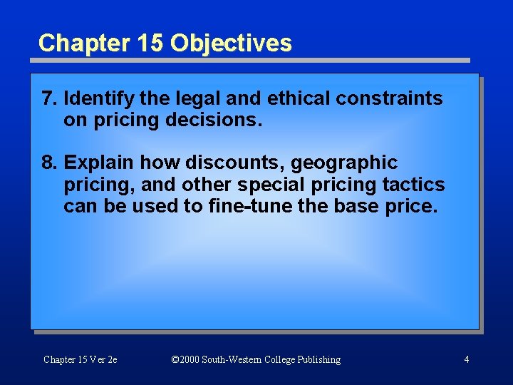 Chapter 15 Objectives 7. Identify the legal and ethical constraints on pricing decisions. 8.