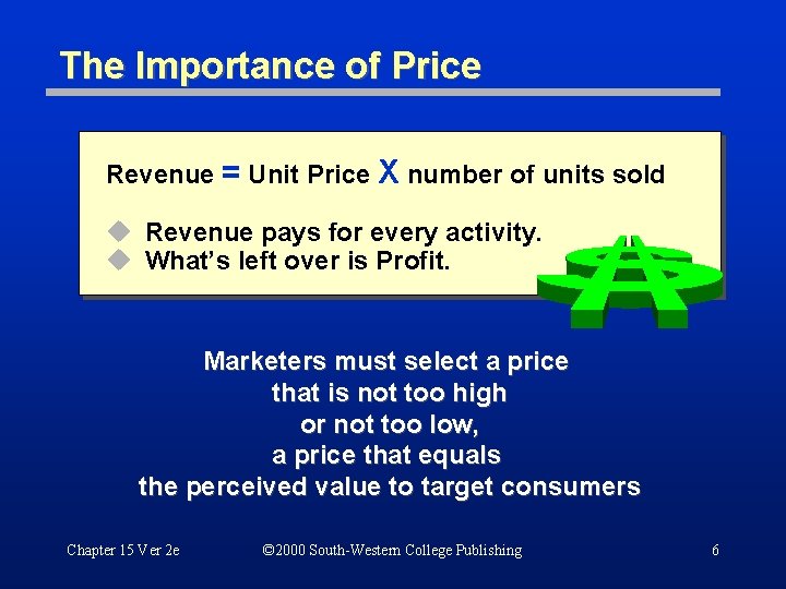 The Importance of Price Revenue = Unit Price X number of units sold u