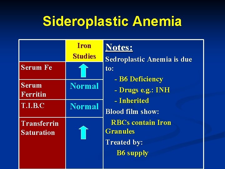 Sideroplastic Anemia Iron Studies Serum Ferritin T. I. B. C Transferrin Saturation Notes: Sedroplastic