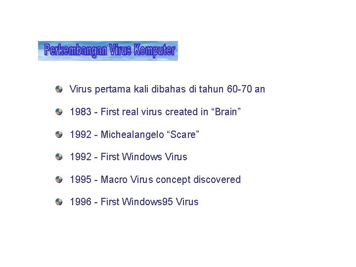 Virus pertama kali dibahas di tahun 60 -70 an 1983 - First real virus Virus pertama kali dibahas di tahun 60 -70 an 1983 - First real virus