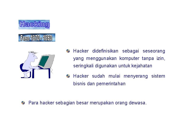 Hacker didefinisikan sebagai seseorang yang menggunakan komputer tanpa izin, seringkali digunakan untuk kejahatan Hacker Hacker didefinisikan sebagai seseorang yang menggunakan komputer tanpa izin, seringkali digunakan untuk kejahatan Hacker