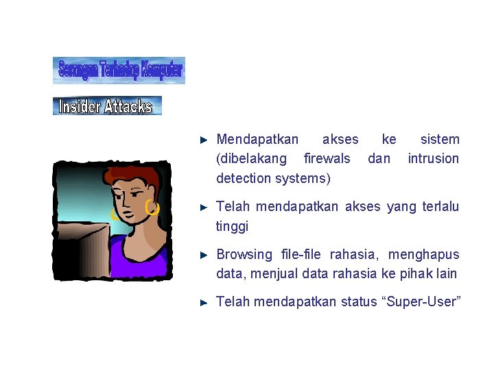 Mendapatkan akses ke sistem (dibelakang firewals dan intrusion detection systems) Telah mendapatkan akses yang Mendapatkan akses ke sistem (dibelakang firewals dan intrusion detection systems) Telah mendapatkan akses yang