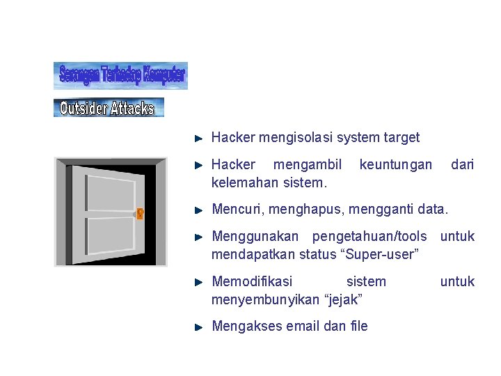 Hacker mengisolasi system target Hacker mengambil kelemahan sistem. keuntungan dari Mencuri, menghapus, mengganti data. Hacker mengisolasi system target Hacker mengambil kelemahan sistem. keuntungan dari Mencuri, menghapus, mengganti data.