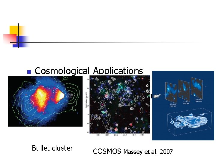 n Cosmological Applications map out dark matter distribution Bullet cluster COSMOS Massey et al.