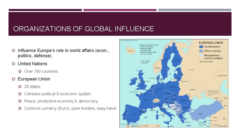 ORGANIZATIONS OF GLOBAL INFLUENCE Influence Europe’s role in world affairs (econ. , politics, defense)