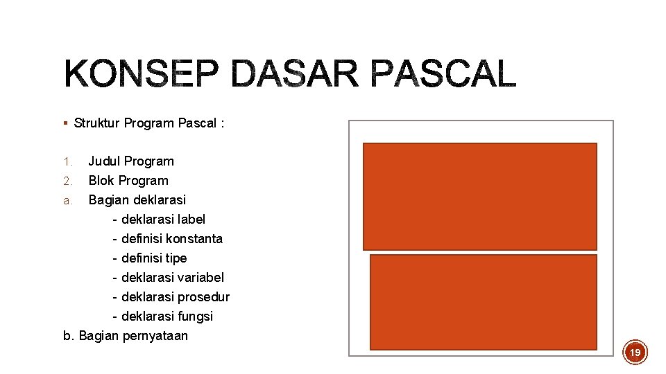 § Struktur Program Pascal : Judul Program 2. Blok Program a. Bagian deklarasi - § Struktur Program Pascal : Judul Program 2. Blok Program a. Bagian deklarasi -