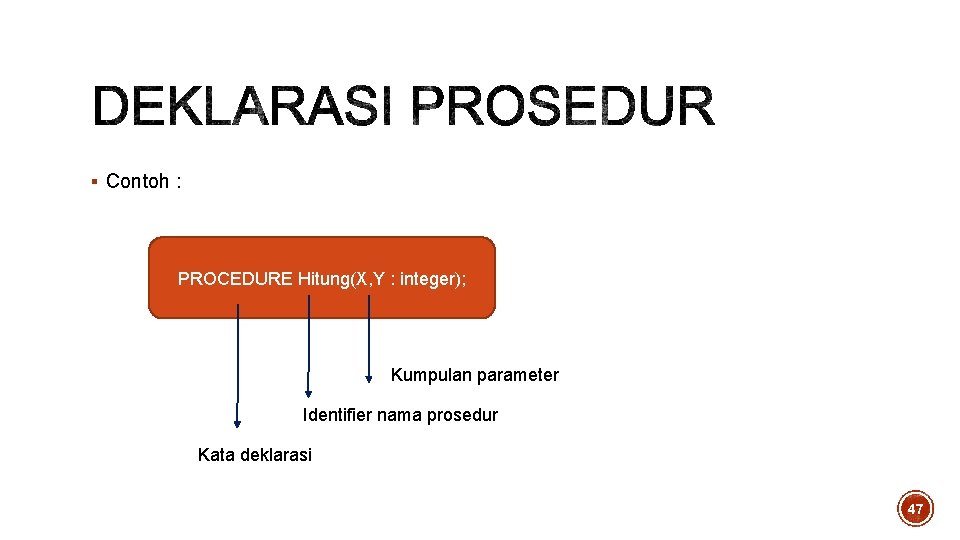 § Contoh : PROCEDURE Hitung(X, Y : integer); Kumpulan parameter Identifier nama prosedur Kata § Contoh : PROCEDURE Hitung(X, Y : integer); Kumpulan parameter Identifier nama prosedur Kata