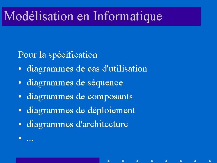 Modélisation en Informatique Pour la spécification • diagrammes de cas d'utilisation • diagrammes de