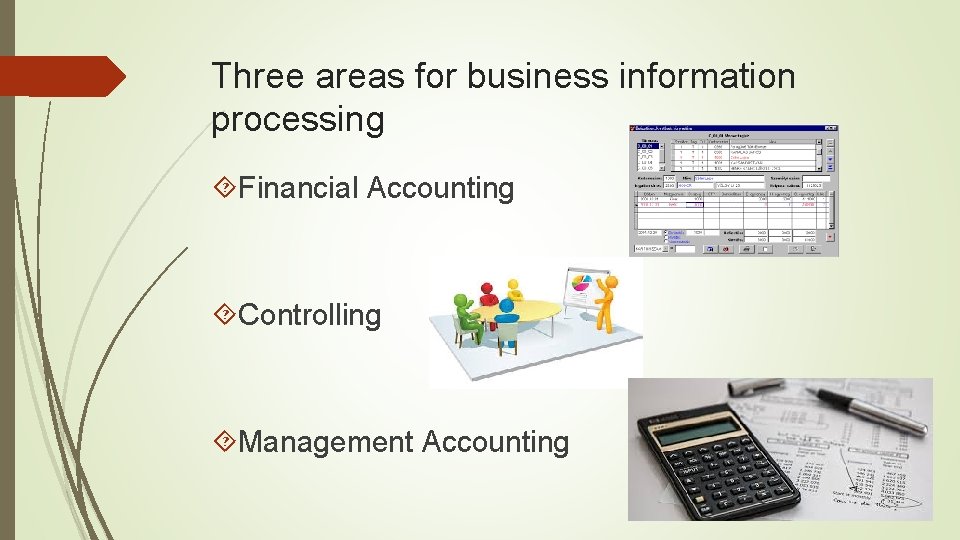 Three areas for business information processing Financial Accounting Controlling Management Accounting 