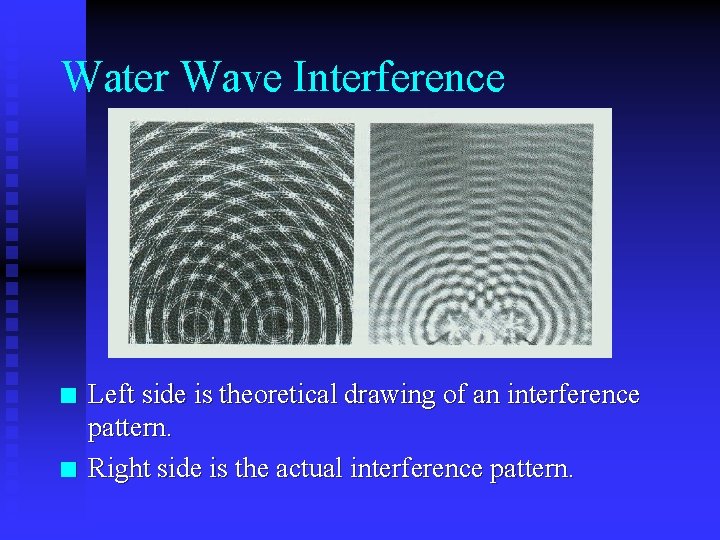 Water Wave Interference n n Left side is theoretical drawing of an interference pattern.