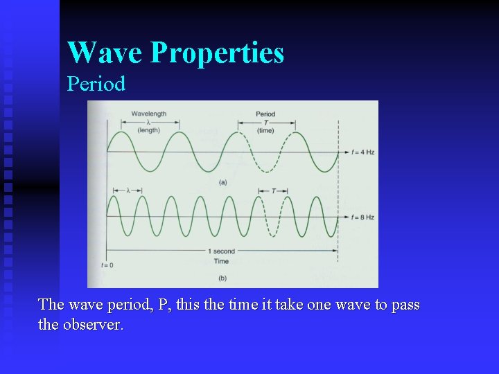 Wave Properties Period The wave period, P, this the time it take one wave