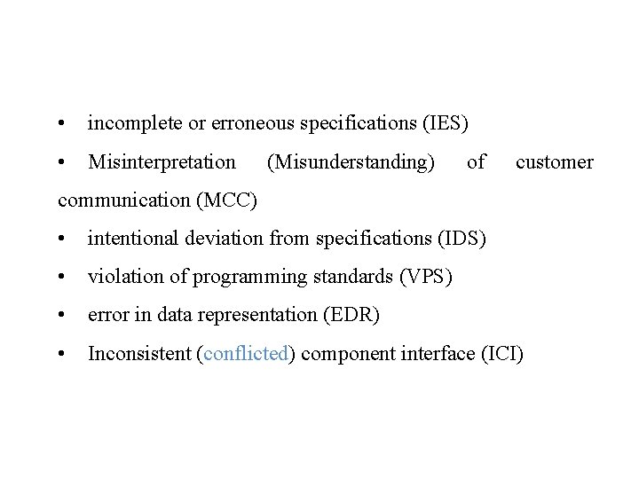  • incomplete or erroneous specifications (IES) • Misinterpretation (Misunderstanding) of customer communication (MCC)