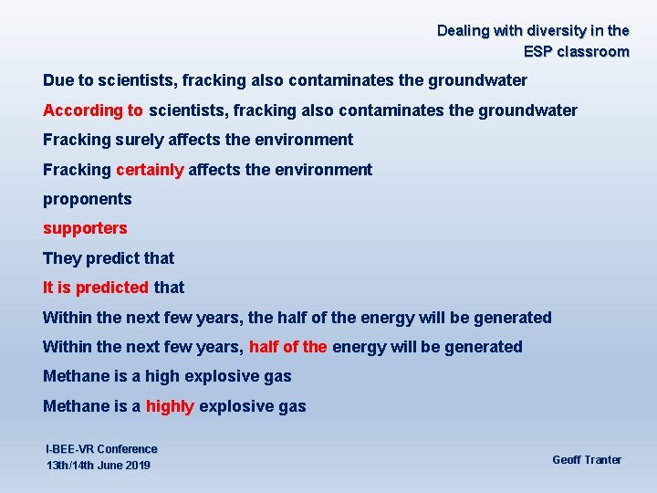 Dealing with diversity in the ESP classroom Due to scientists, fracking also contaminates the
