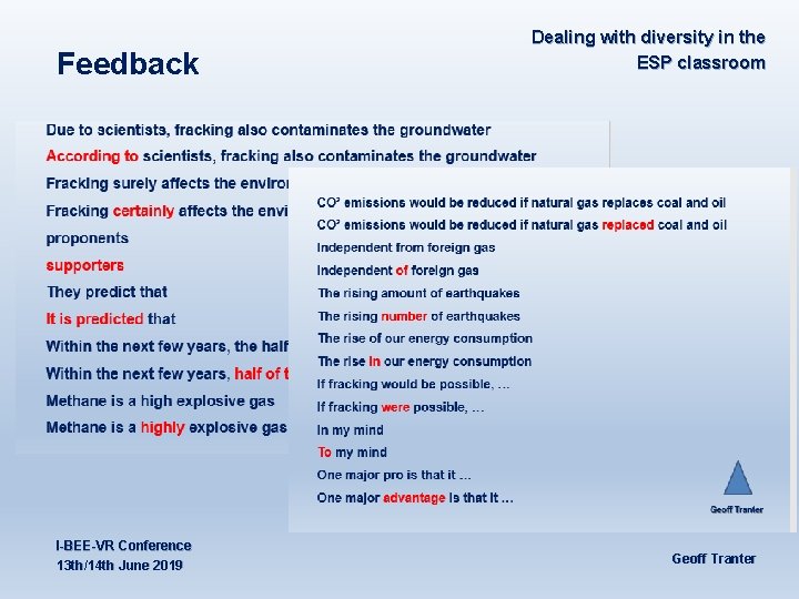 Feedback I-BEE-VR Conference 13 th/14 th June 2019 Dealing with diversity in the ESP