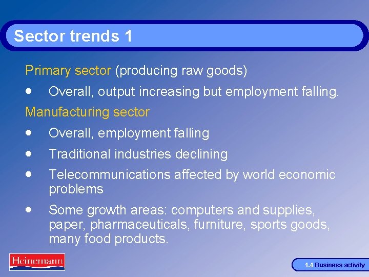 Sector trends 1 Primary sector (producing raw goods) · Overall, output increasing but employment