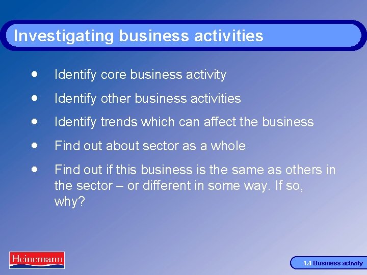 Investigating business activities · · · Identify core business activity Identify other business activities
