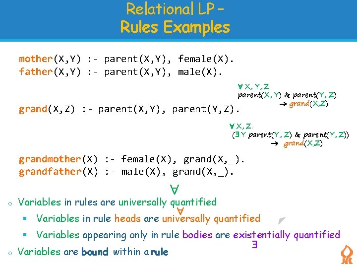 Relational LP – Rules Examples mother(X, Y) : - parent(X, Y), female(X). father(X, Y)