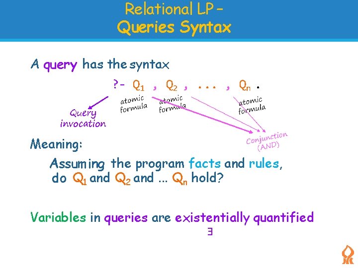 Relational LP – Queries Syntax A query has the syntax ? - Q 1