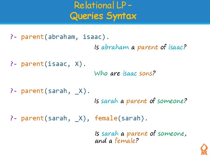 Relational LP – Queries Syntax ? - parent(abraham, isaac). Is abraham a parent of