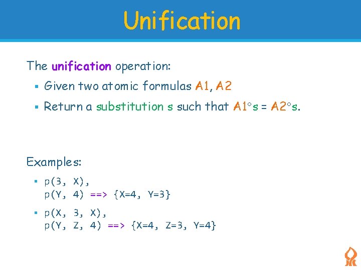Unification The unification operation: Given two atomic formulas A 1, A 2 Return a