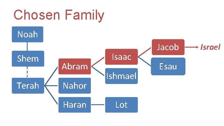 Chosen Family Noah Shem Terah Abram Nahor Haran Isaac Ishmael Lot Jacob Esau Israel