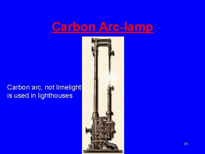 Carbon Arc-lamp Carbon arc, not limelight is used in lighthouses 14 