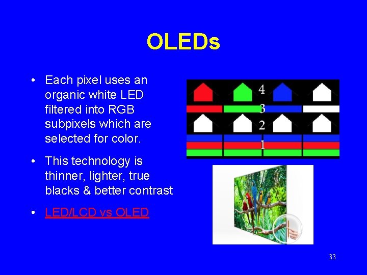OLEDs • Each pixel uses an organic white LED filtered into RGB subpixels which