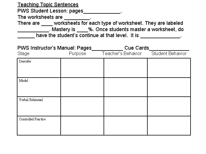 Teaching Topic Sentences PWS Student Lesson: pages_______. The worksheets are _____. There are ____