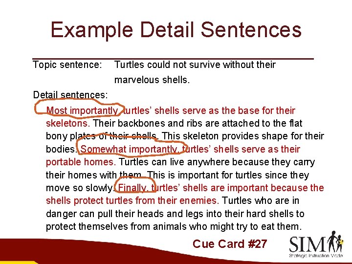 Example Detail Sentences Topic sentence: Turtles could not survive without their marvelous shells. Detail
