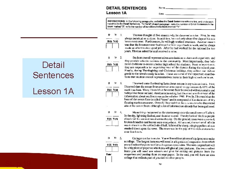 Detail Sentences Lesson 1 A SL p. 19 