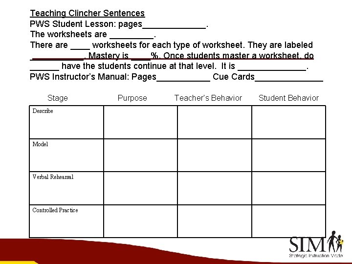Teaching Clincher Sentences PWS Student Lesson: pages_______. The worksheets are _____. There are ____