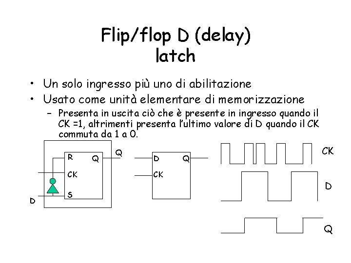 Flip/flop D (delay) latch • Un solo ingresso più uno di abilitazione • Usato