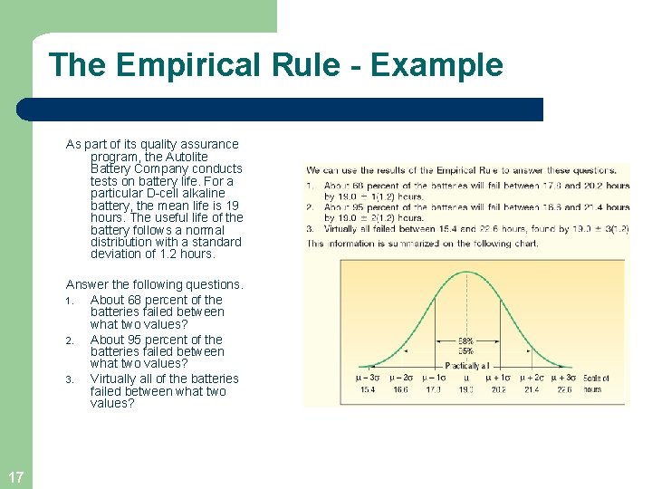 The Empirical Rule - Example As part of its quality assurance program, the Autolite