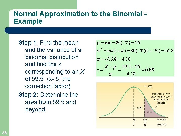 Normal Approximation to the Binomial Example Step 1. Find the mean and the variance