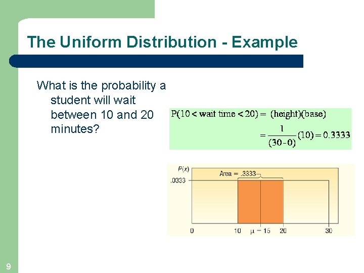 The Uniform Distribution - Example What is the probability a student will wait between
