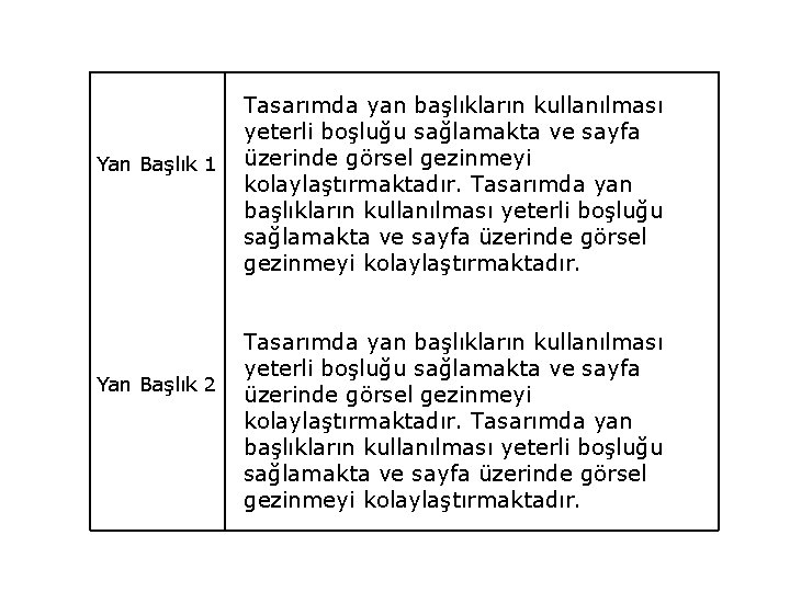 Yan Başlık 1 Yan Başlık 2 Tasarımda yan başlıkların kullanılması yeterli boşluğu sağlamakta ve