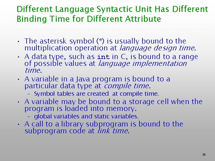 Different Language Syntactic Unit Has Different Binding Time for Different Attribute • The asterisk