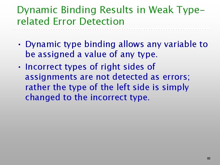 Dynamic Binding Results in Weak Typerelated Error Detection • Dynamic type binding allows any