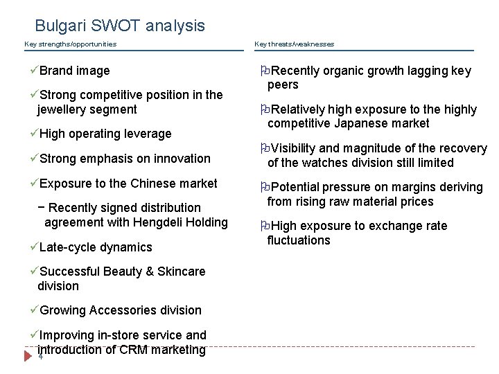 Bulgari SWOT analysis Key strengths/opportunities üBrand image üStrong competitive position in the jewellery segment