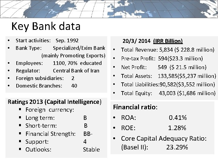 Key Bank data • • • Start activities: Sep. 1992 Bank Type: Specialized/Exim Bank