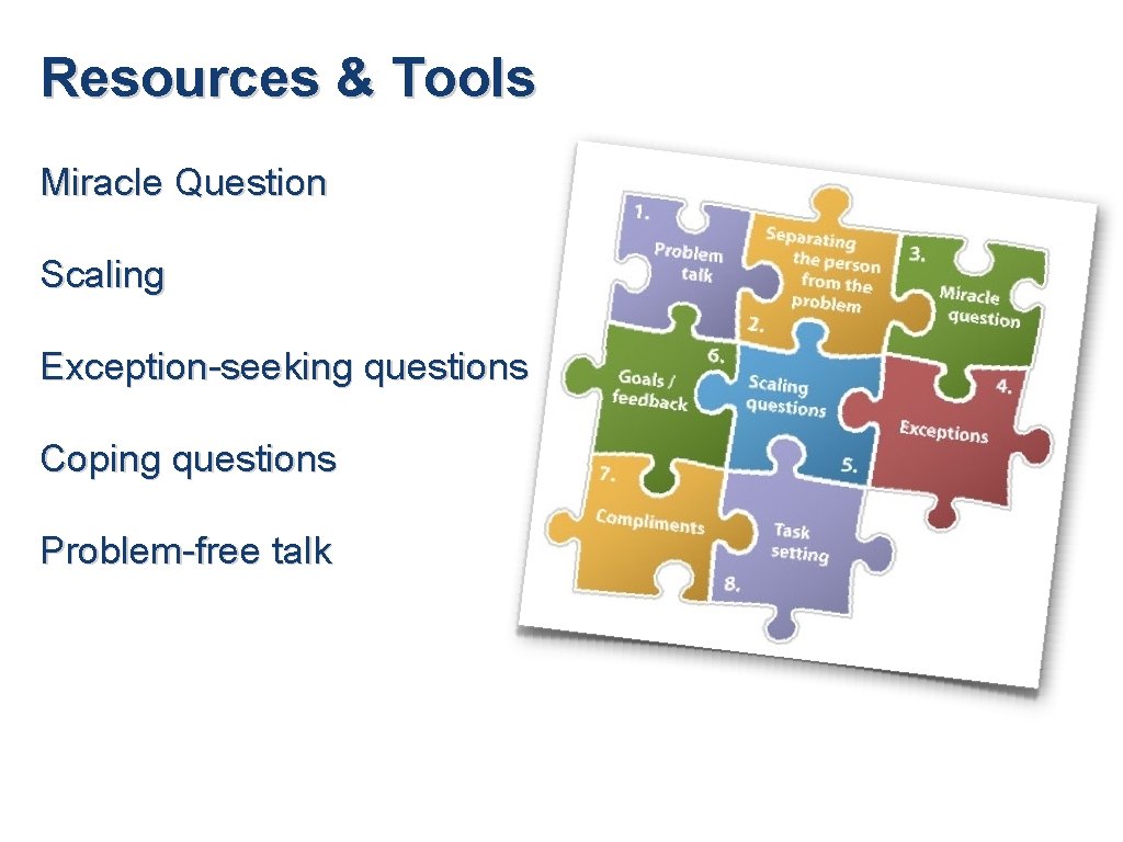 Resources & Tools Miracle Question Scaling Exception-seeking questions Coping questions Problem-free talk 