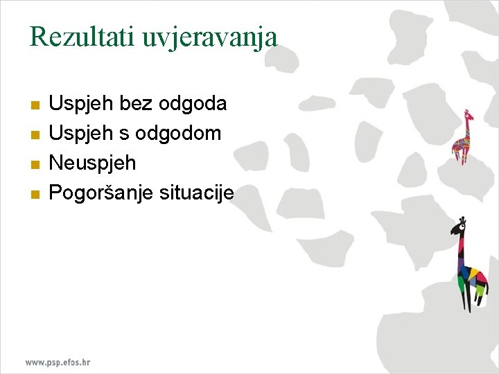 Rezultati uvjeravanja n n Uspjeh bez odgoda Uspjeh s odgodom Neuspjeh Pogoršanje situacije 