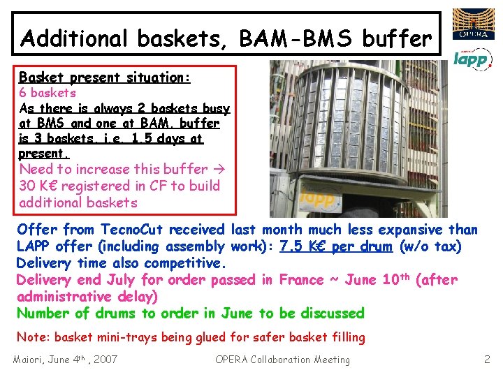 Additional baskets, BAM-BMS buffer Basket present situation: 6 baskets As there is always 2