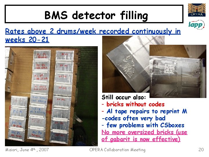 BMS detector filling Rates above 2 drums/week recorded continuously in weeks 20 -21 Still