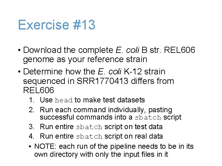 Exercise #13 • Download the complete E. coli B str. REL 606 genome as