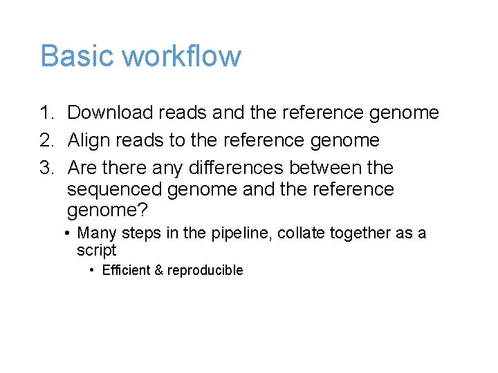 Basic workflow 1. Download reads and the reference genome 2. Align reads to the