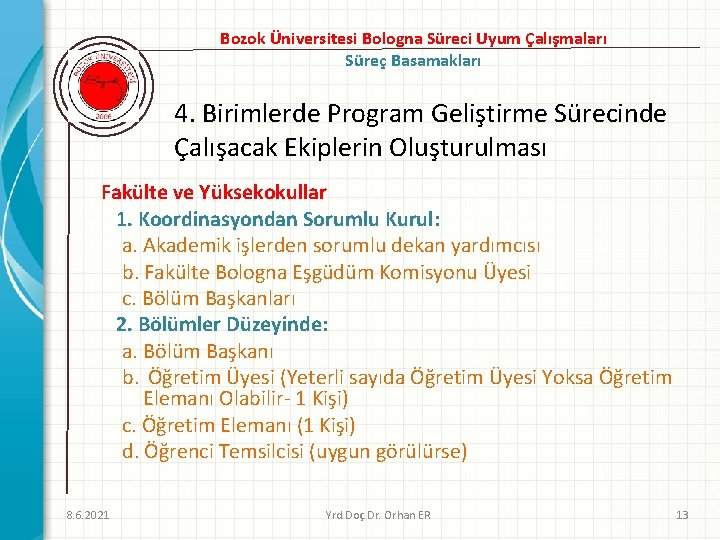 Bozok Üniversitesi Bologna Süreci Uyum Çalışmaları Süreç Basamakları 4. Birimlerde Program Geliştirme Sürecinde Çalışacak