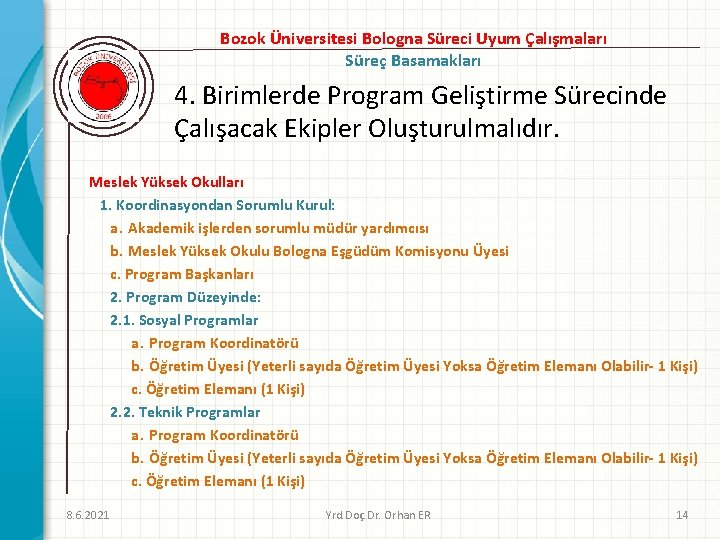 Bozok Üniversitesi Bologna Süreci Uyum Çalışmaları Süreç Basamakları 4. Birimlerde Program Geliştirme Sürecinde Çalışacak