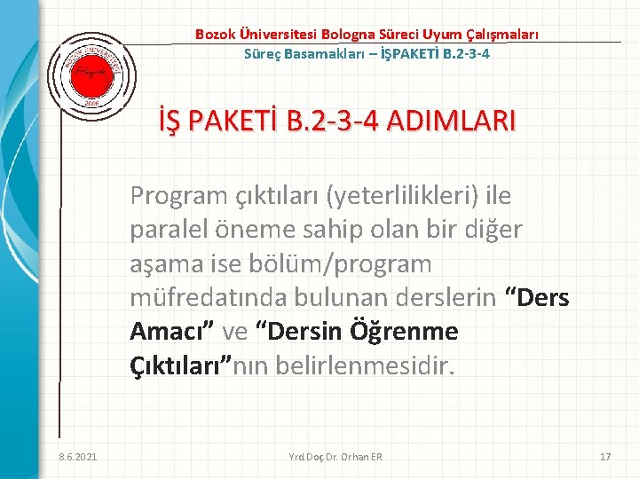 Bozok Üniversitesi Bologna Süreci Uyum Çalışmaları Süreç Basamakları – İŞPAKETİ B. 2 -3 -4