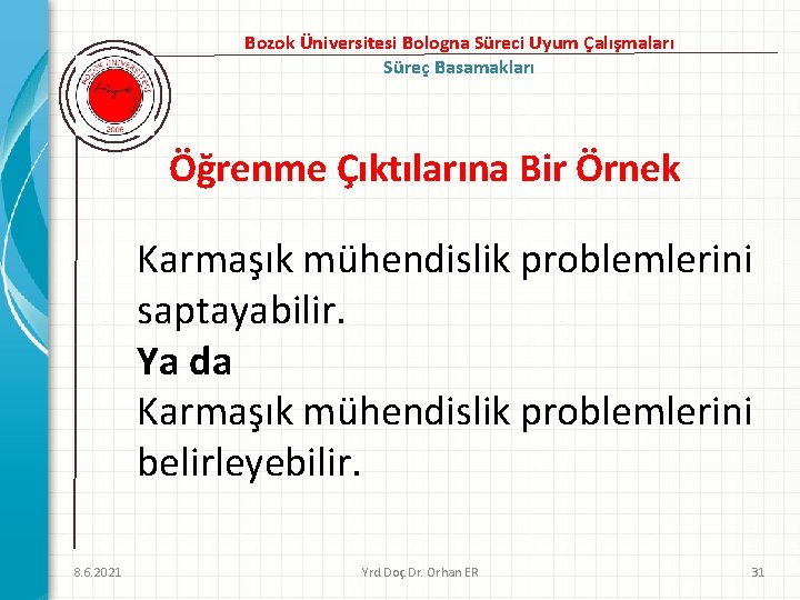 Bozok Üniversitesi Bologna Süreci Uyum Çalışmaları Süreç Basamakları Öğrenme Çıktılarına Bir Örnek Karmaşık mühendislik